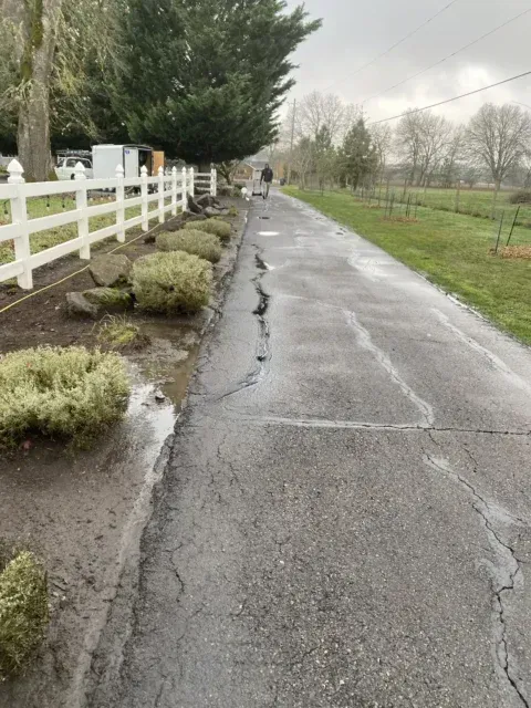 Wet cracked driveway beside white fence and grassy field on an overcast day