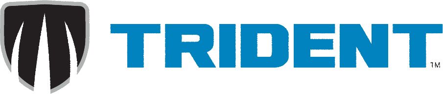 TRIDENT logo with blue text and black shield icon on a white background