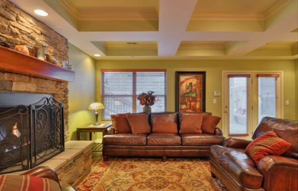 Cozy living room with brown leather sofa, fireplace, patterned rug, and large windows with blinds.