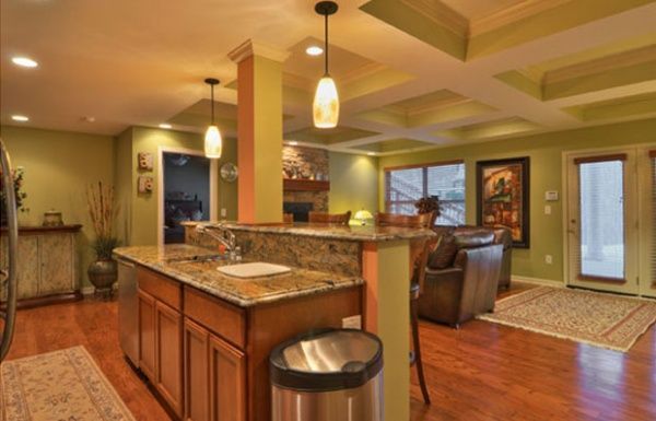 Warm open-plan kitchen and living room with wood floors, granite island, pendant lights, and leather sofa
