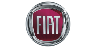 The Fiat logo: a silver, metallic, rounded shield shape with a dark red background and silver 