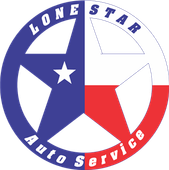 Circular logo for Lone Star Auto Service featuring a star bisected by Texas flag colors and text along the border.