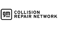 GM Collision Repair Network logo in black and white with a rounded gm icon and bold text