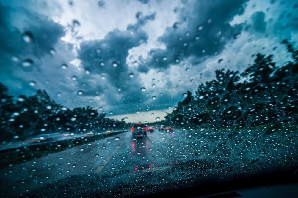 Rain droplets on car windshield