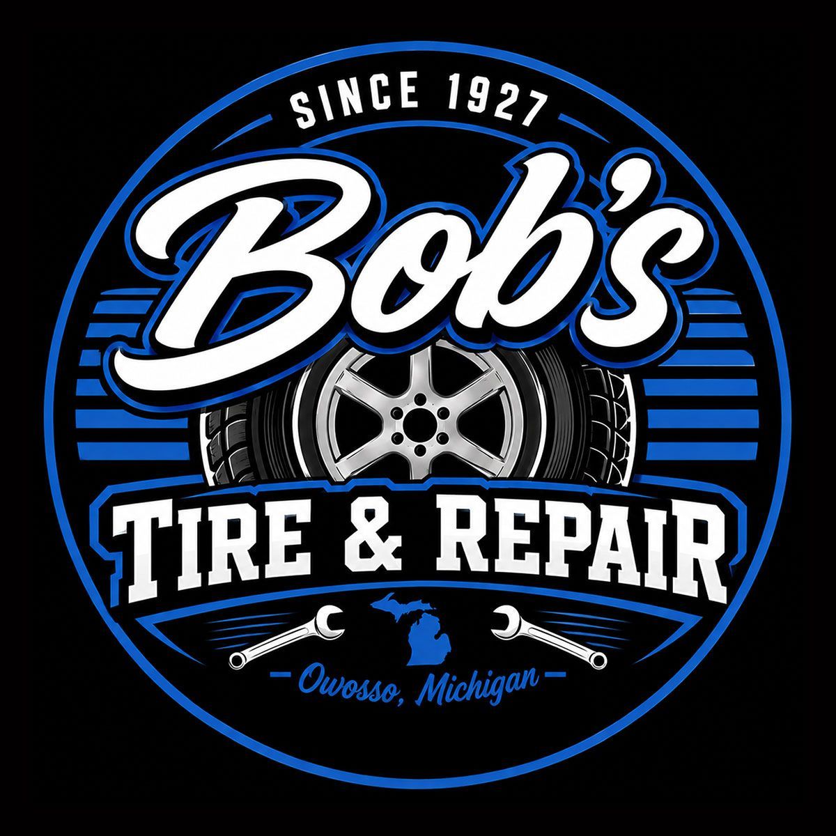 Bob's Tire & Repair logo, black and blue circular design with tire and Orem, Michigan text