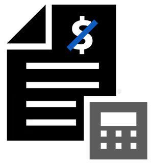 Black invoice document with a crossed-out dollar sign and a calculator icon, suggesting no payment or billing