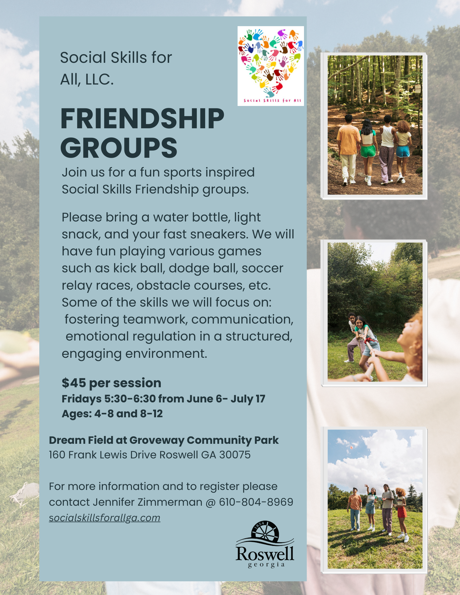 Flyer for Friendship Groups social skills program, with event details, contact info, and photos of children playing.