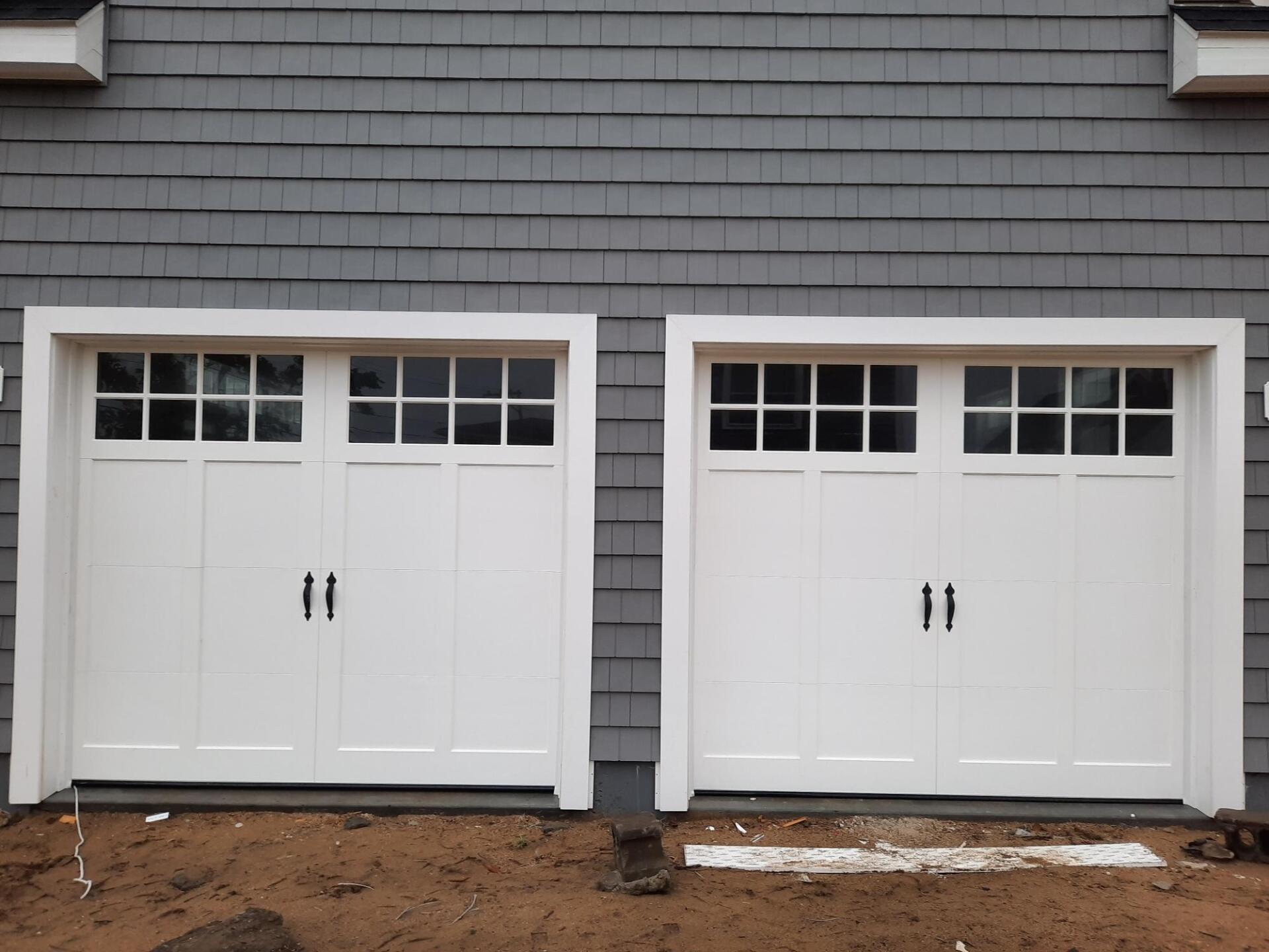 wood composite overlay white double doors