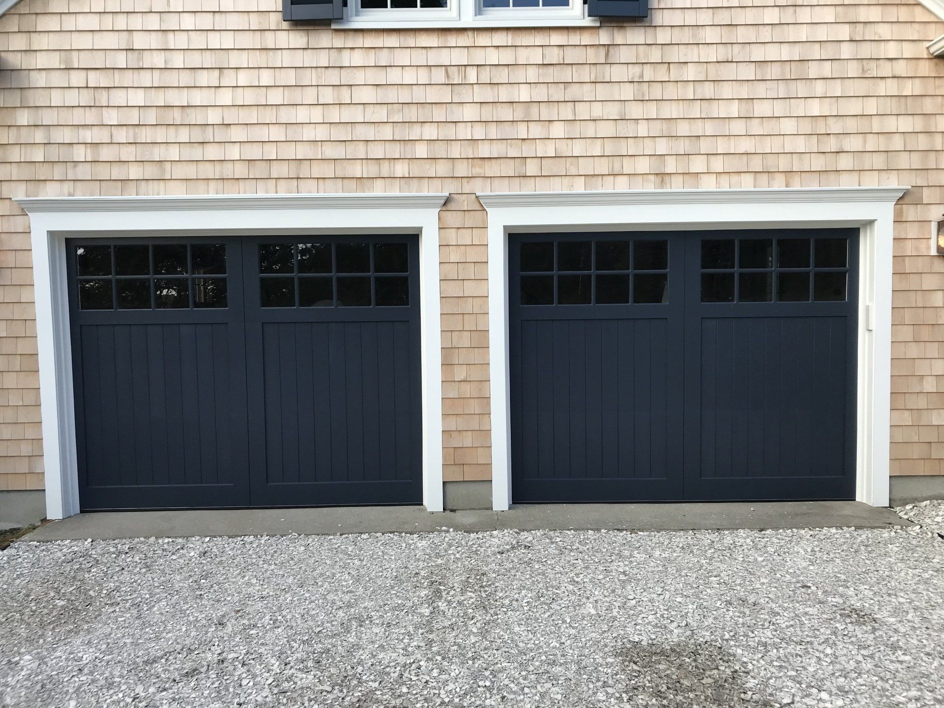 wood composite overlay blue double doors