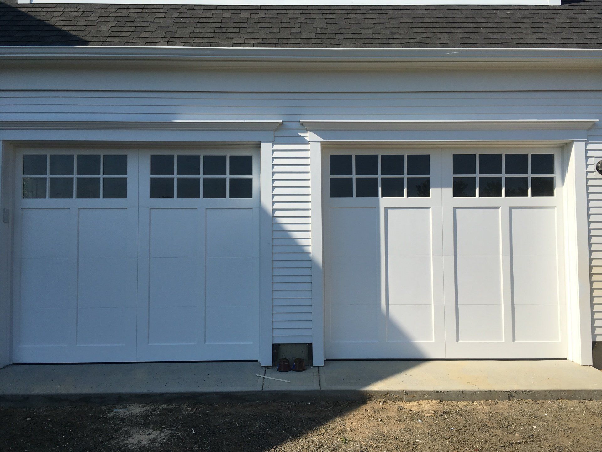 wood composite overlay white double doors closer look