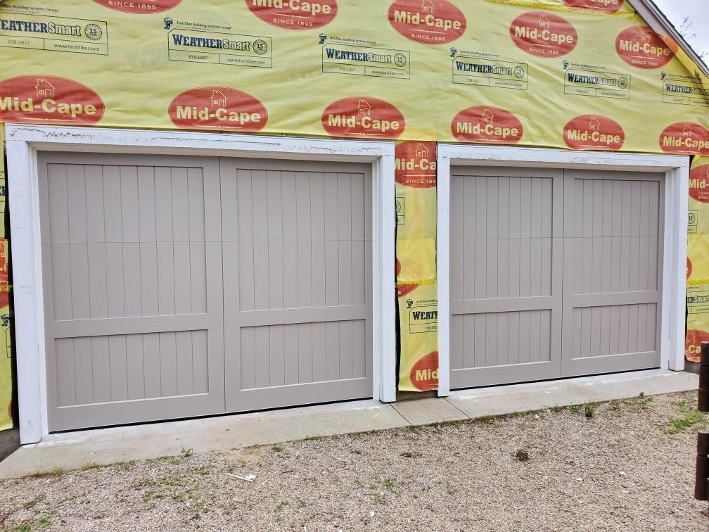 wood composite overlay beige double doors side view