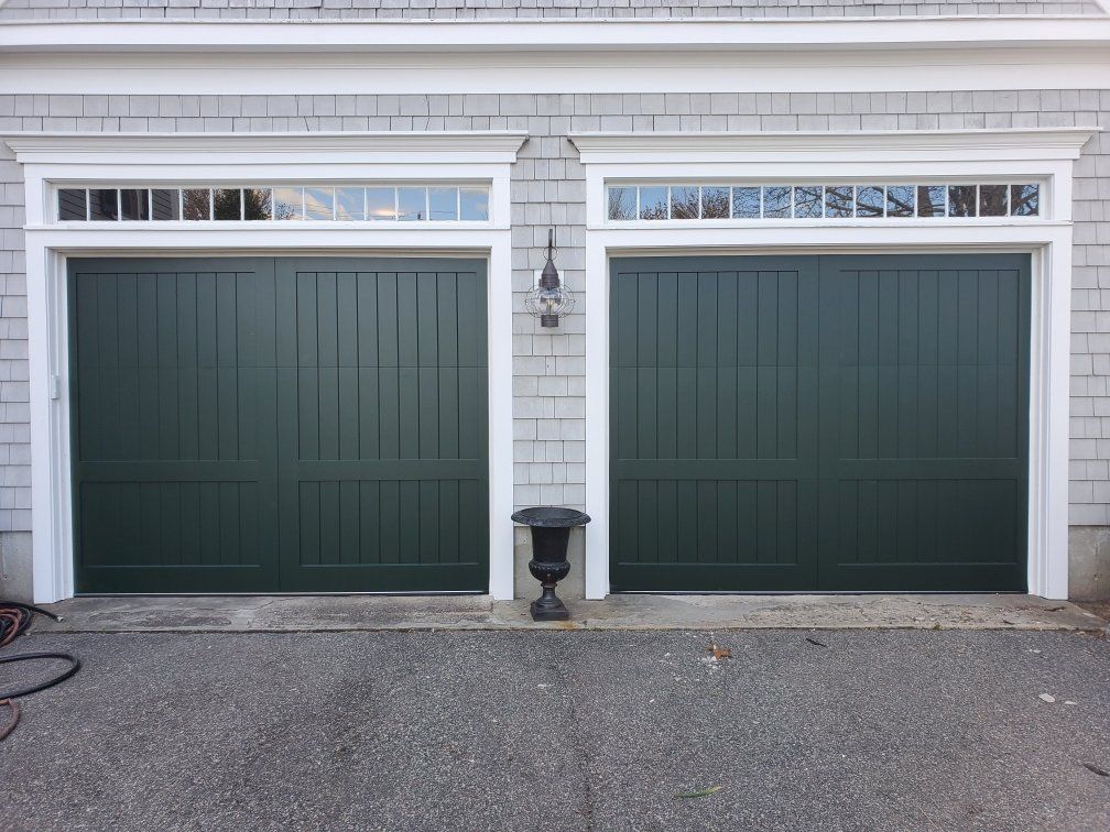 wood composite overlay green double doors
