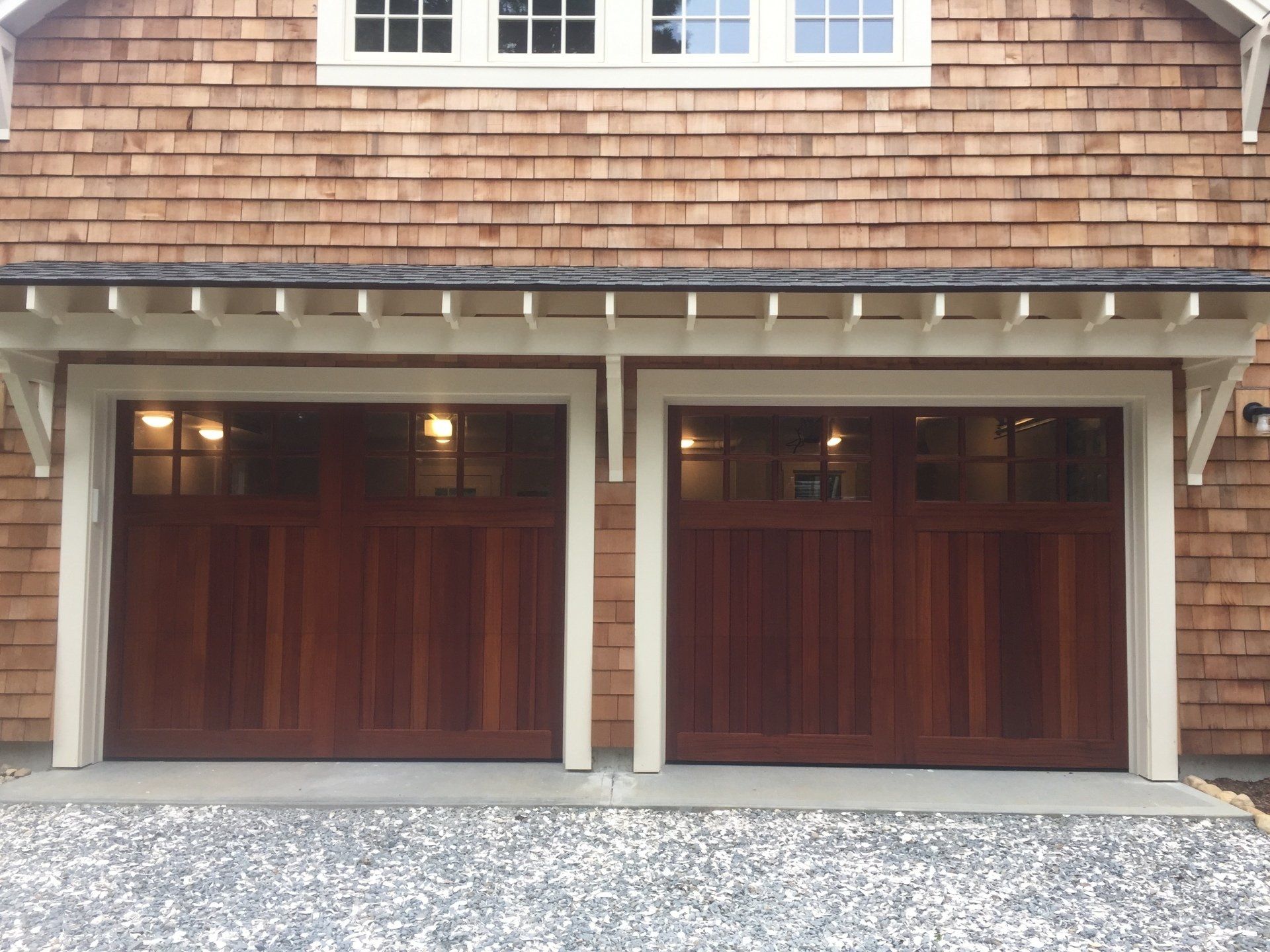 double garage door wood overlay front view