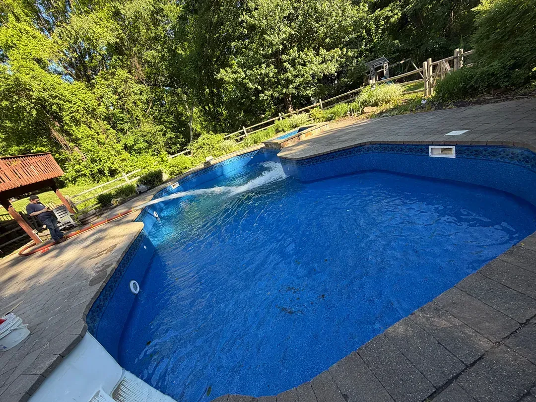 Backyard swimming pool with bright blue water, surrounded by trees and a stone deck
