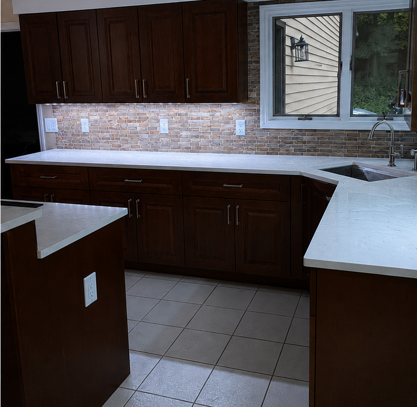 Empty kitchen with dark wood cabinets, white countertops, tiled floor, and a window over the sink.