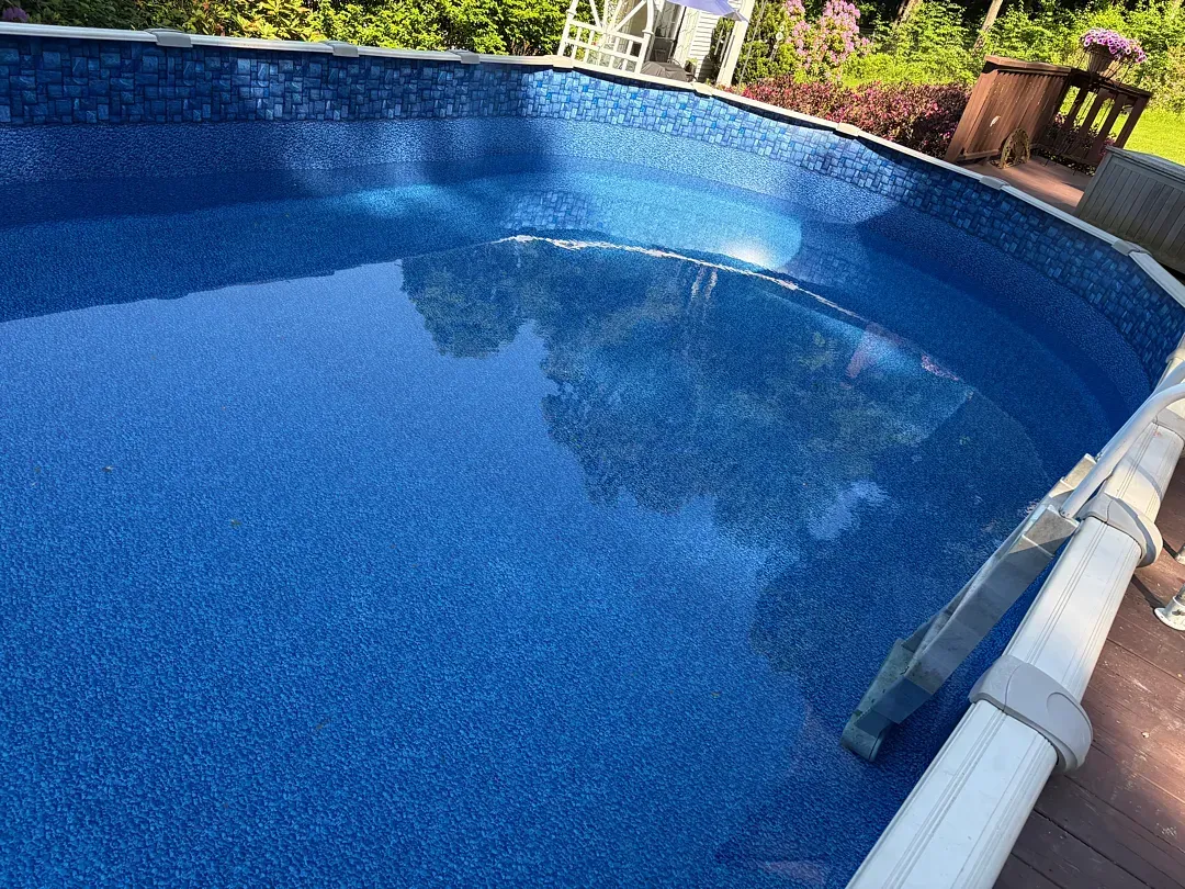 Blue swimming pool with clear water and a white ladder beside a fence and greenery