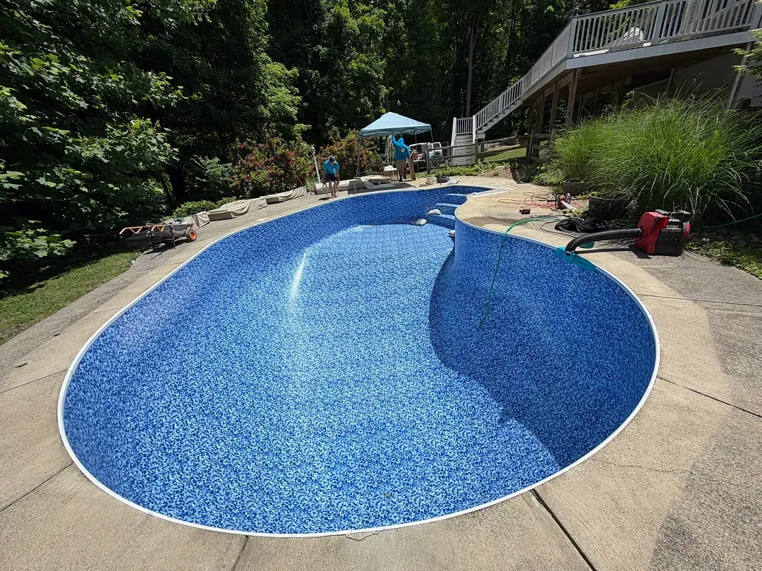 Blue swimming pool with a curved shape in a landscaped backyard, with patio and stairs nearby