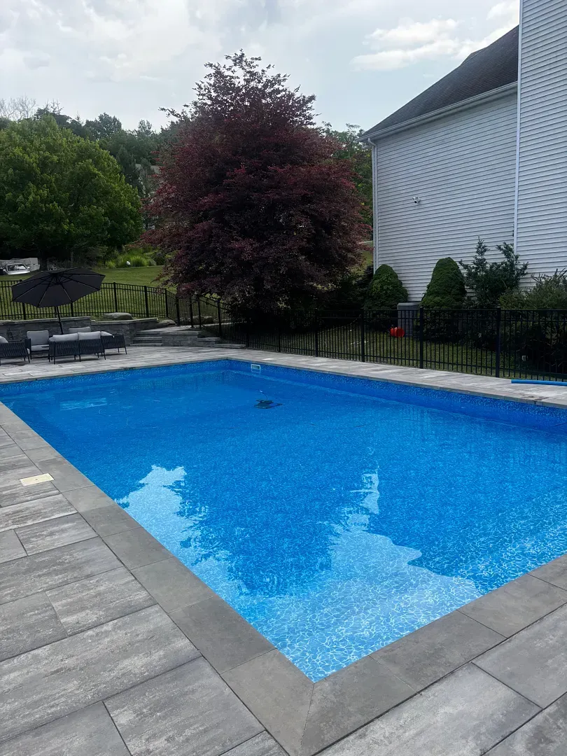 Backyard swimming pool with bright blue water beside a patio and house, surrounded by trees and shrubs
