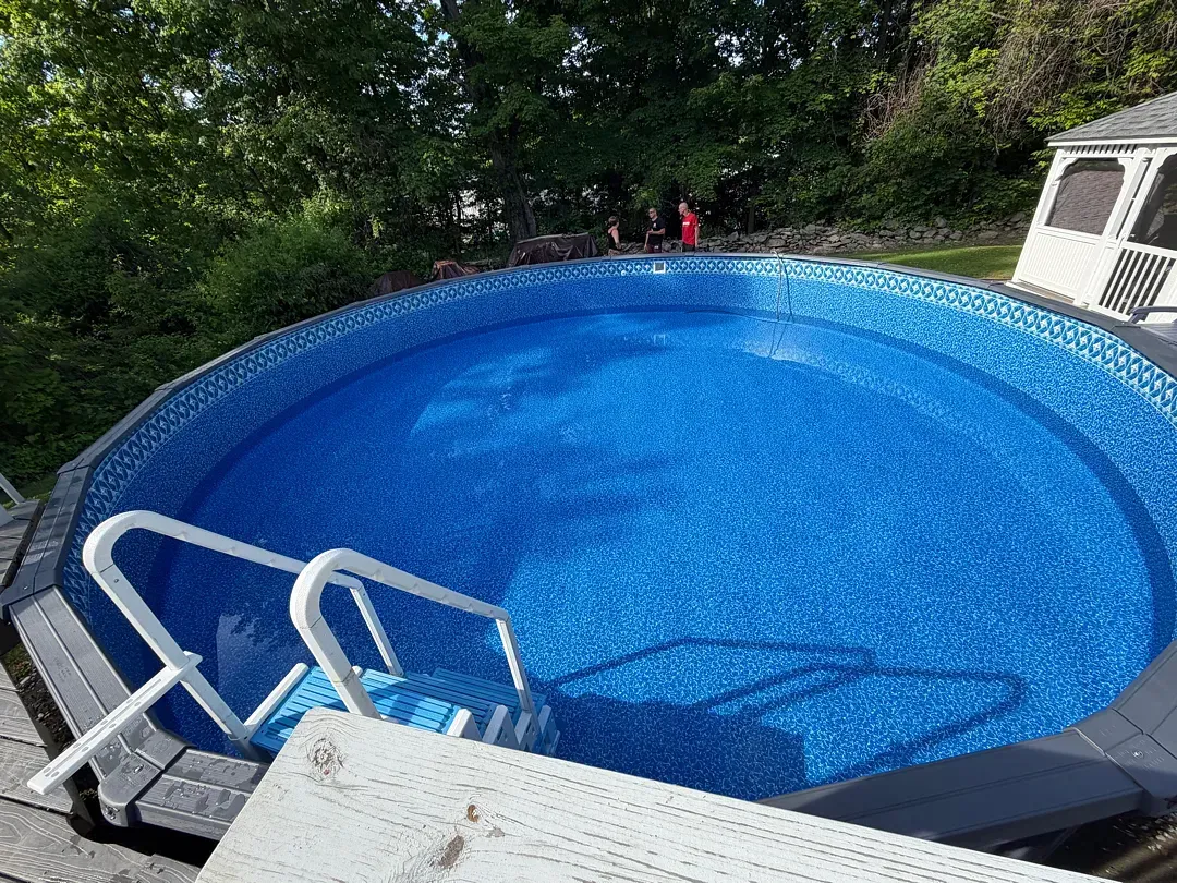 Above-ground blue swimming pool with metal steps in a wooded backyard