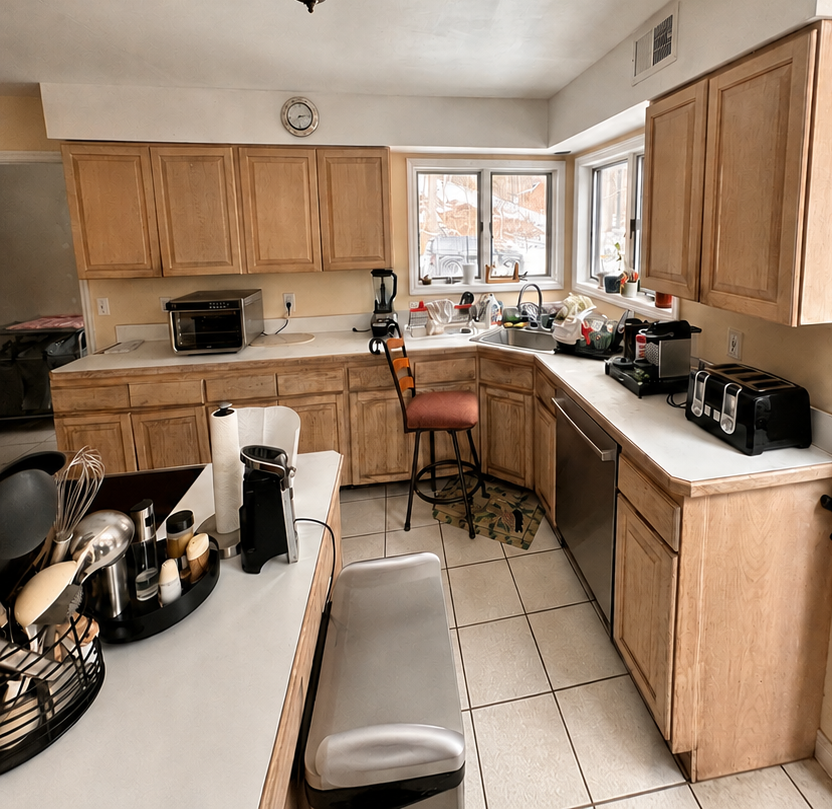 Small kitchen with oak cabinets, white countertops, tiled floor, and a window over the sink.