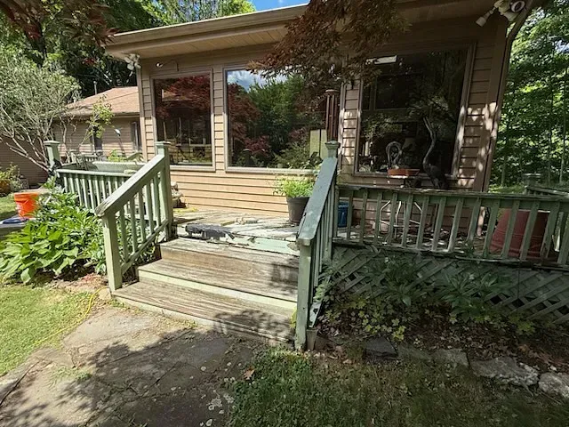 Front porch with steps, green railings, and potted plants surrounded by leafy garden greenery.