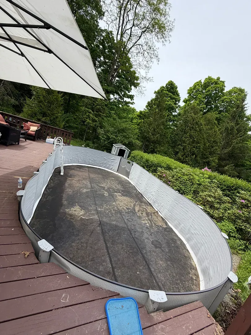 Empty oval plunge pool beside a deck, with white walls and a blue mat in front, surrounded by greenery.