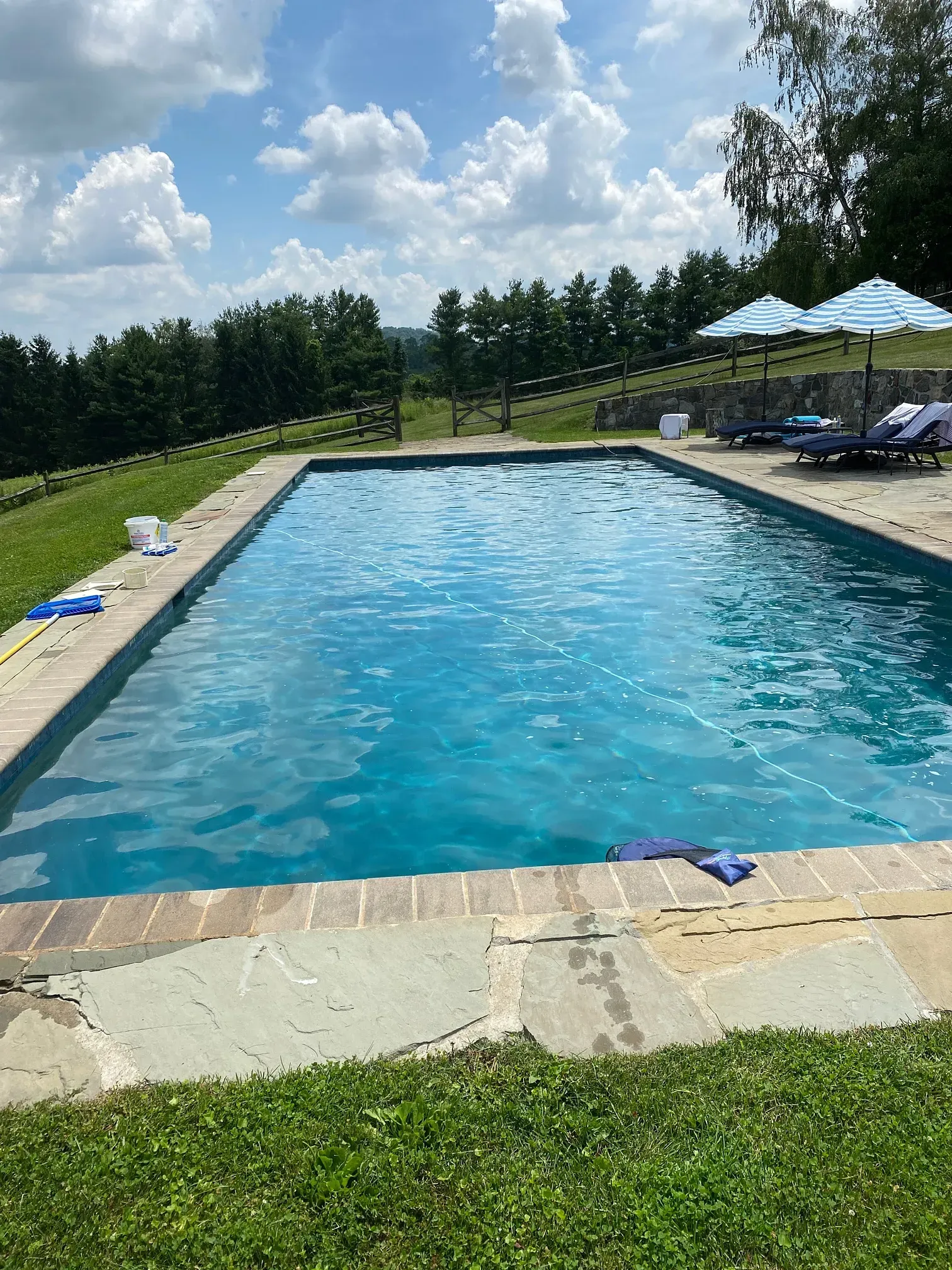 Rectangular outdoor swimming pool with blue water, stone edge, grass, lounge chairs, and cloudy sky
