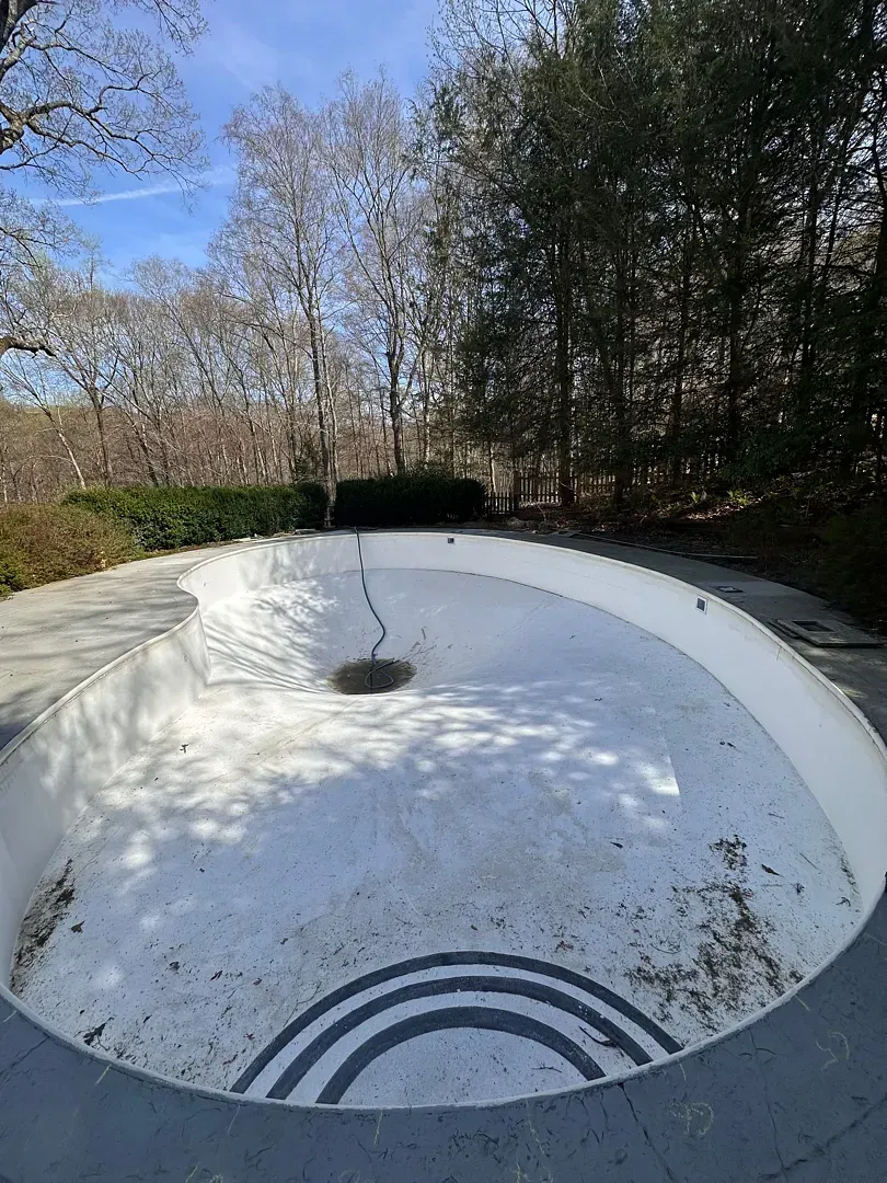 Empty outdoor pool under a blue sky, with trees and bushes around it.