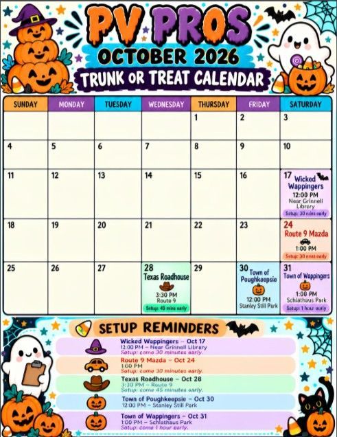 PV Pros October 2026 trunk-or-treat calendar with spooky pumpkin decorations and setup reminders