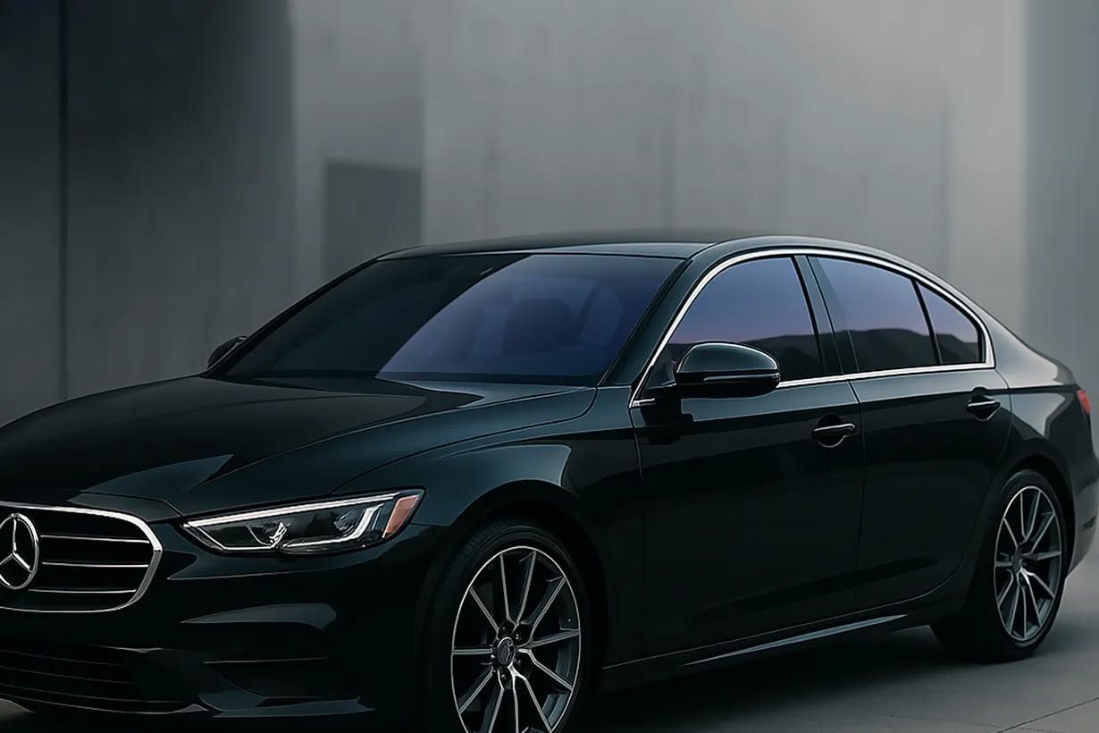 Black Mercedes sedan parked outside.