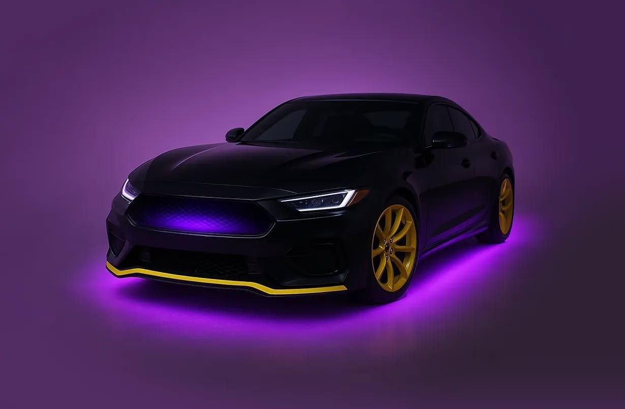 Black car with gold rims and purple underglow against a purple gradient background.