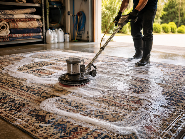 Person steam-cleans a patterned rug in a garage, with soapy water and a floor buffer.