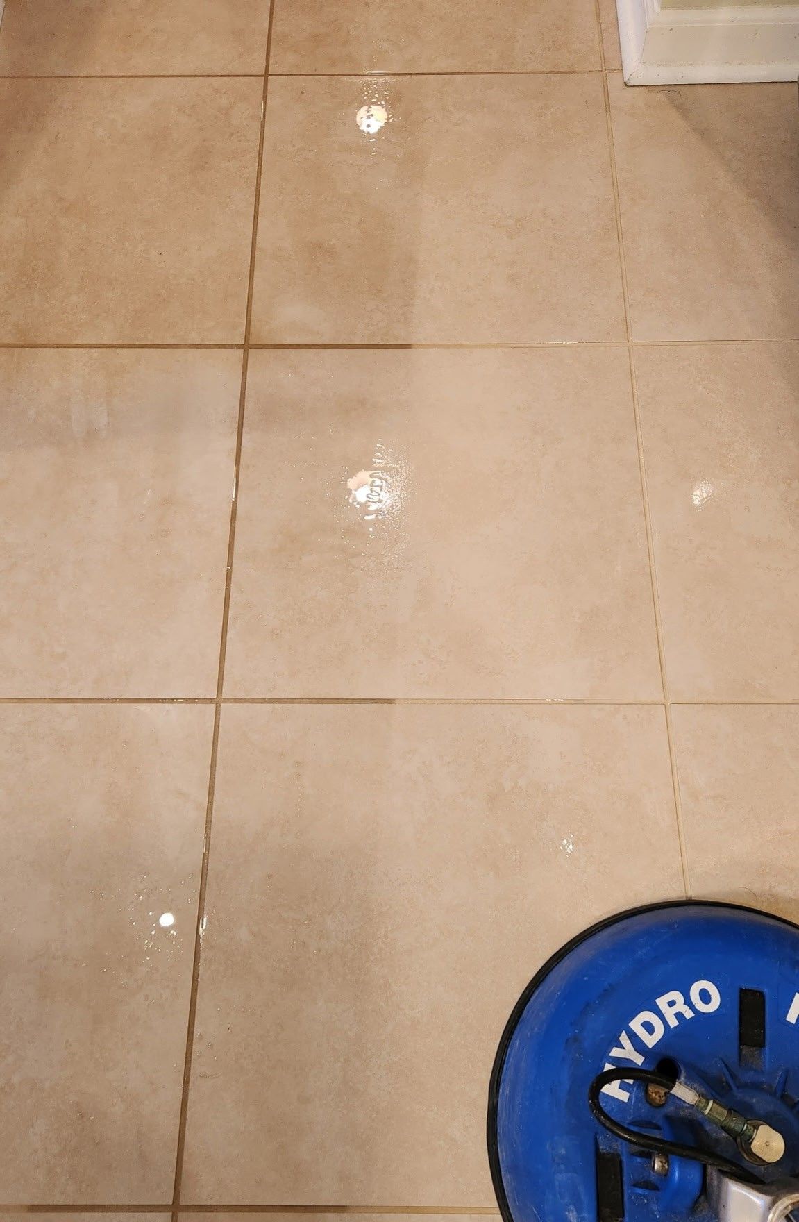 A tile floor is being cleaned