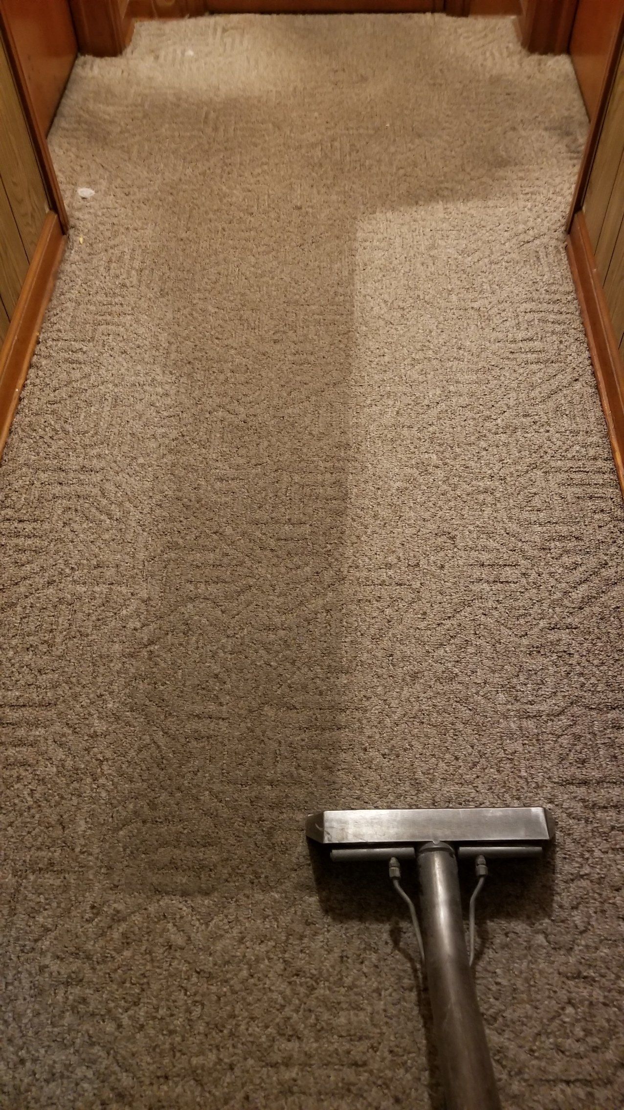 A vacuum cleaner is cleaning a carpet in a hallway