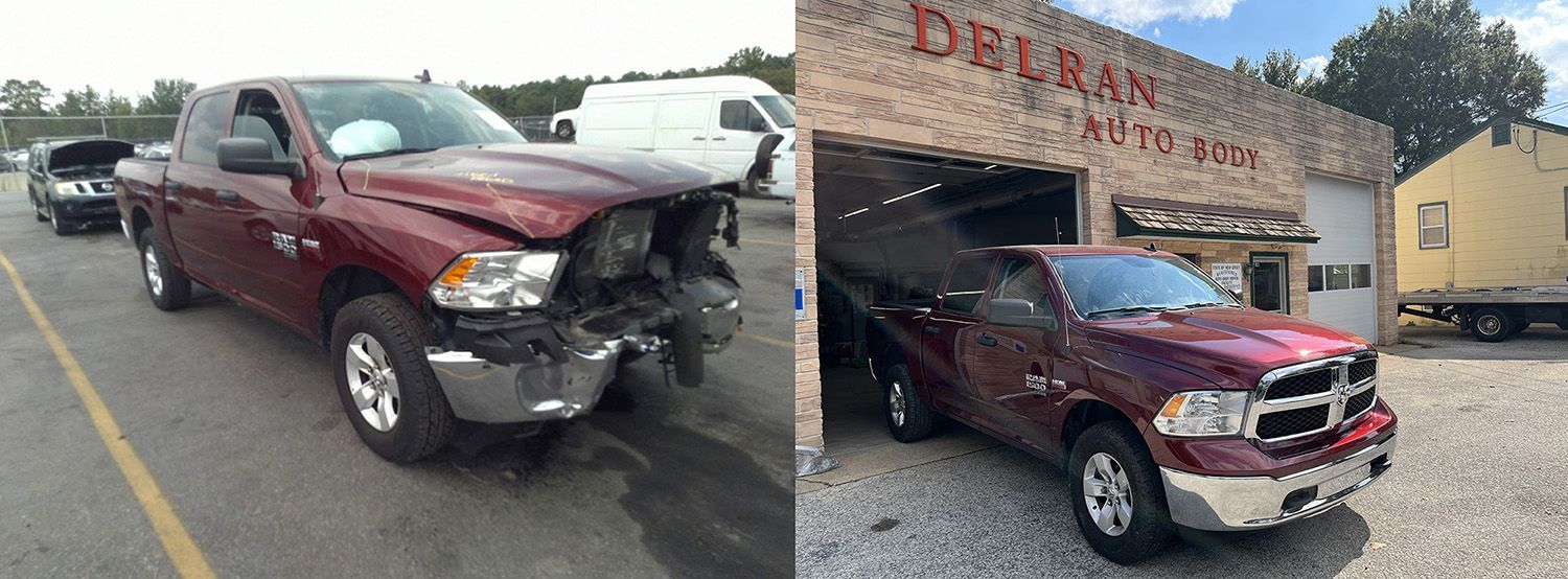 A maroon Dodge Ram pickup truck damaged on the left front side, then repaired in front of