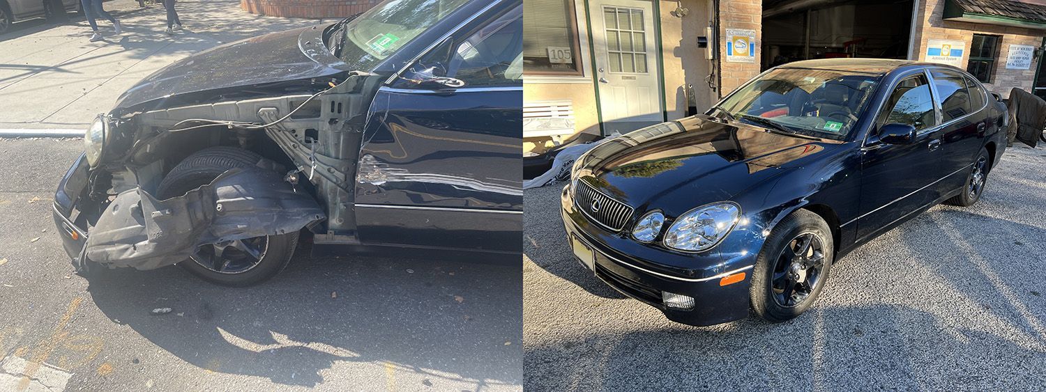A damaged black Lexus beside a similar undamaged vehicle.