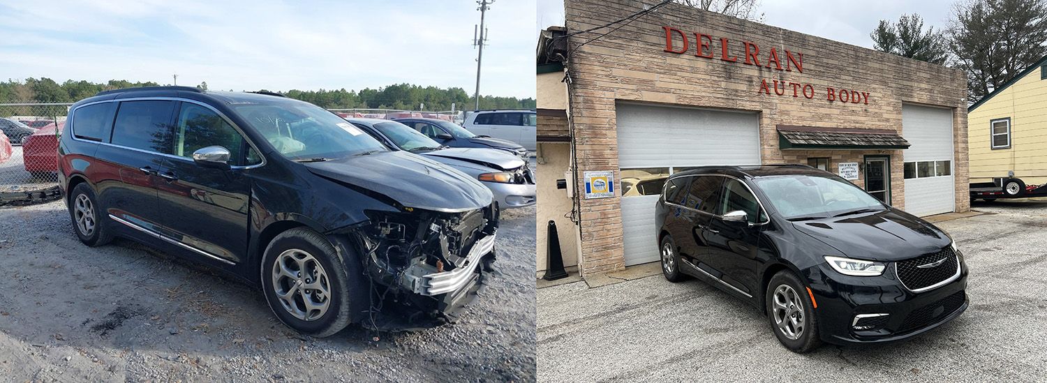 A black minivan in a salvage yard and the same minivan in front of an auto repair shop.