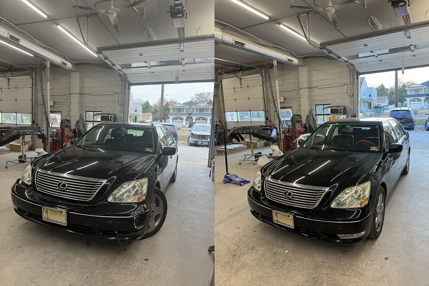 Black car with front damage in a garage before and after repair.