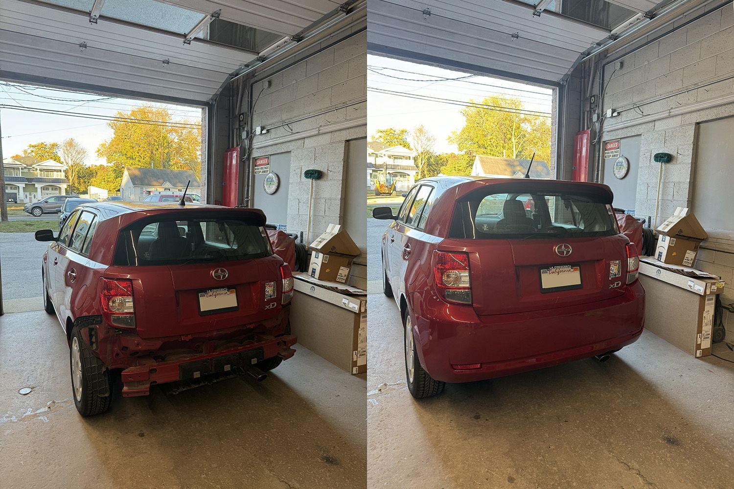 A red car with rear damage before and after repair inside a garage.