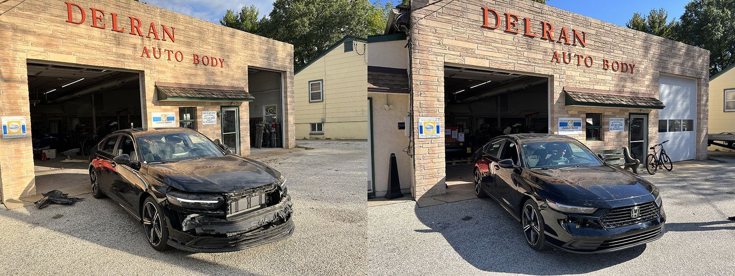 Two cars at Delran Auto Body repair shop with open garage bays.