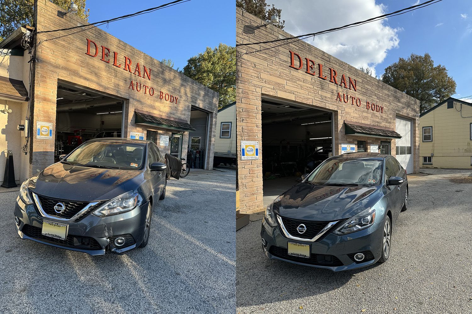 A dark gray Nissan sedan in front of the Delran Auto Body repair shop with open garage bays.