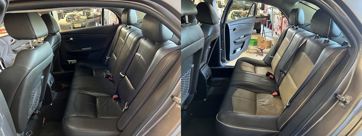 Two views of the back seat of a car. One view has all black seats. The other view has light tan centers and black edges.