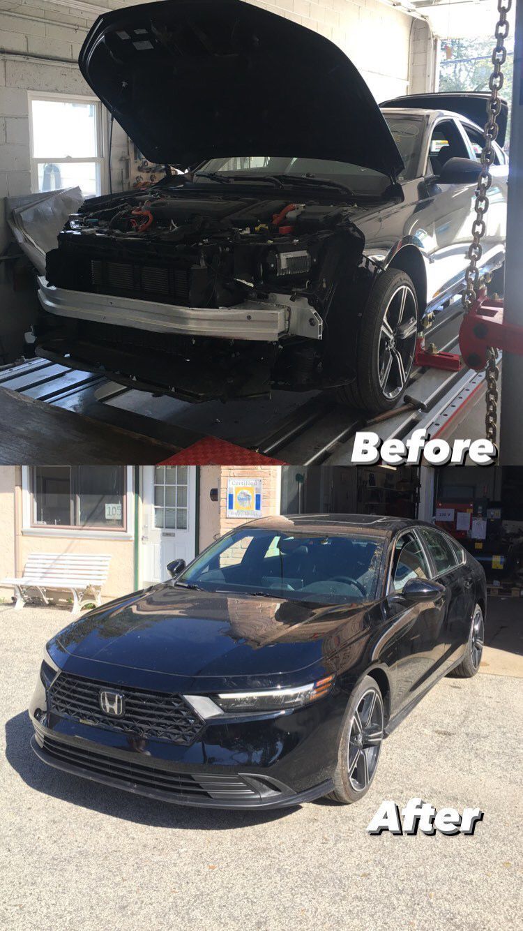 Before and after photos of a black car. The before shows front damage in a repair shop. The after is a restored car parked outside.