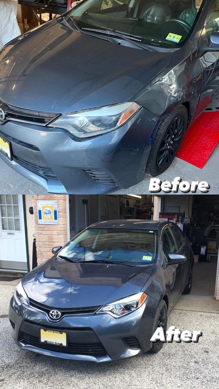Two views of a gray Toyota Corolla, before and after a possible repair, parked outside a building.