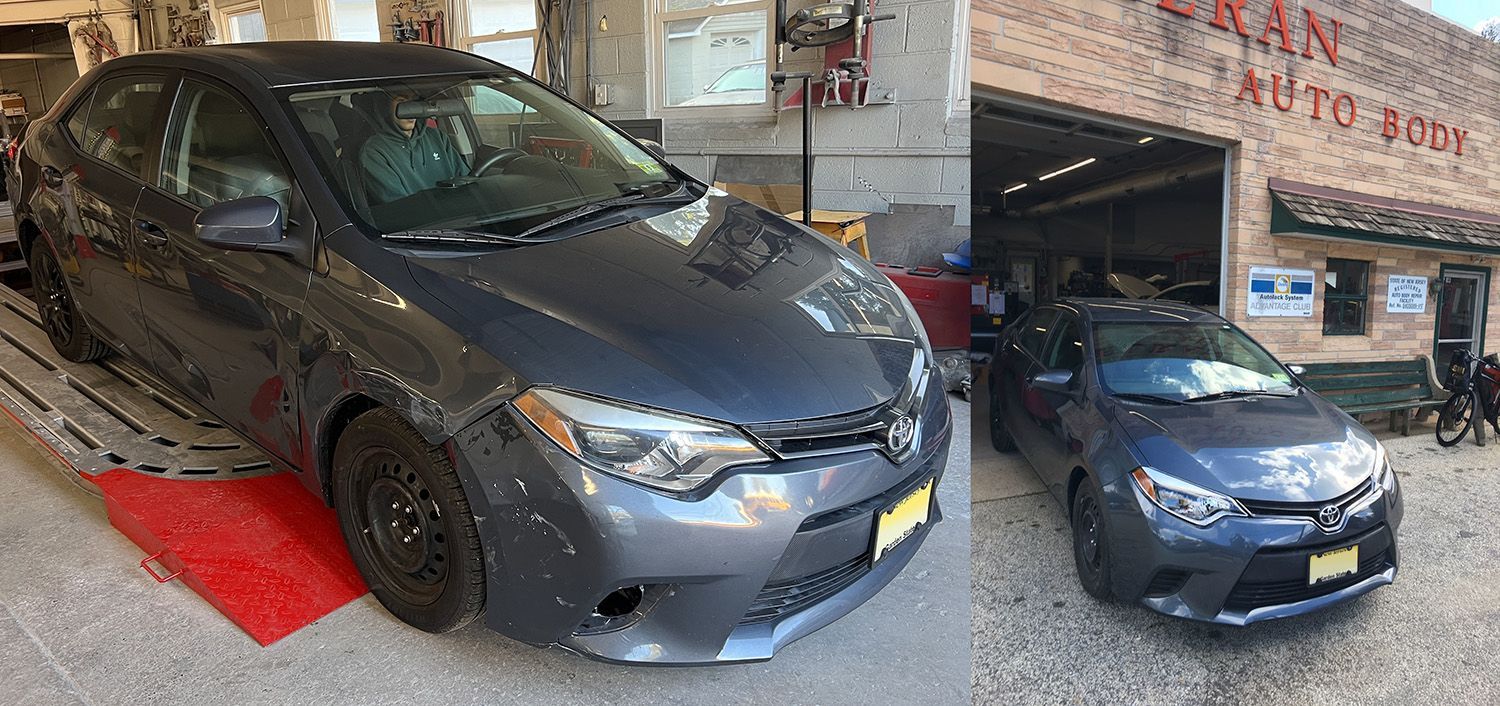 Two gray cars at an auto body shop, one on a lift, the other parked in front of the building.