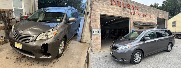Before and after comparison of a gray Toyota minivan showing collision damage repair outside an auto body shop.