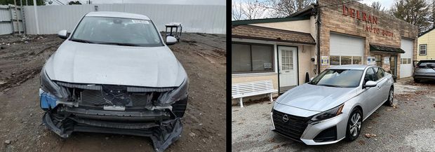 A side-by-side comparison of a silver sedan with front-end damage on the left and a repaired version parked at a shop.