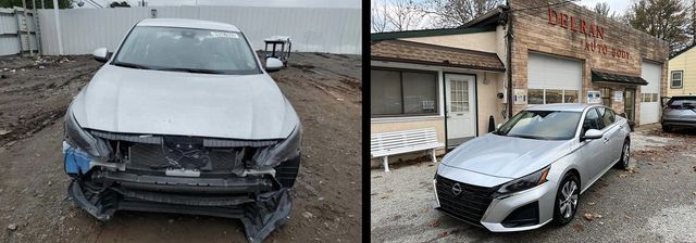 A side-by-side comparison of a silver sedan with front-end damage on the left and a repaired version parked at a shop.