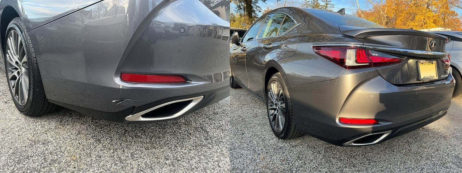 Two gray Lexus sedans parked on gravel. Tail lights and exhaust pipes are visible.