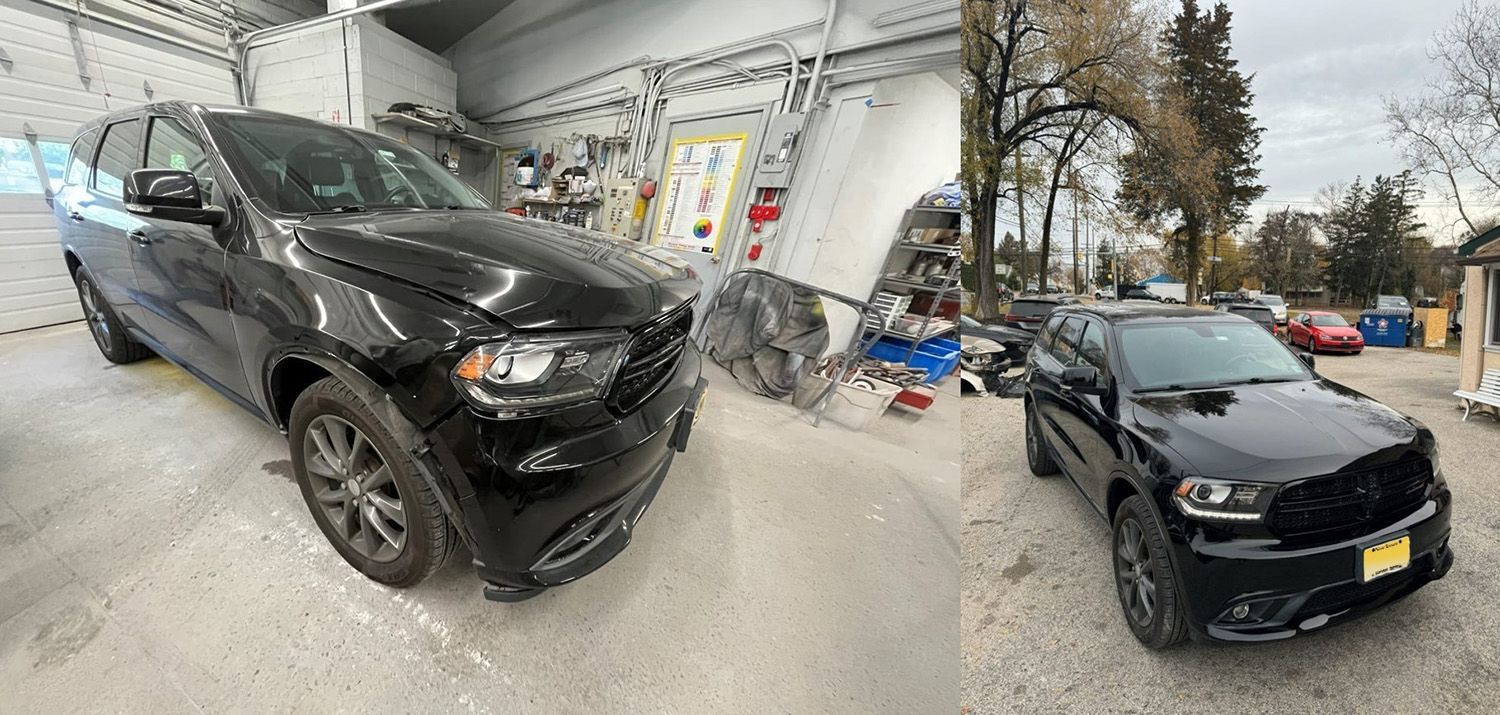 Two black Dodge Durango SUVs, one damaged in a garage, and the other repaired outside.